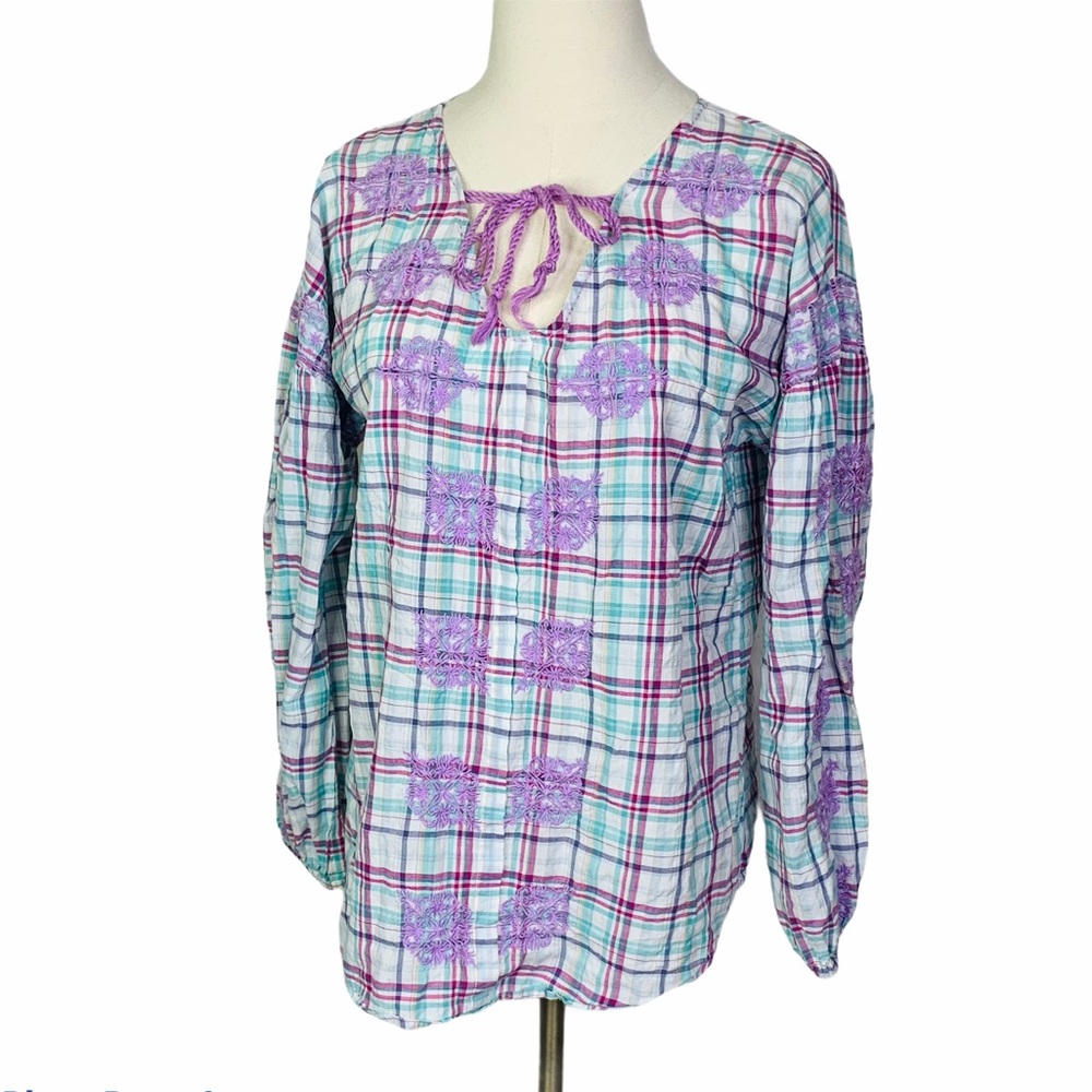 Sundance Crochet Plaid Cotton Blouse SMALL 2297